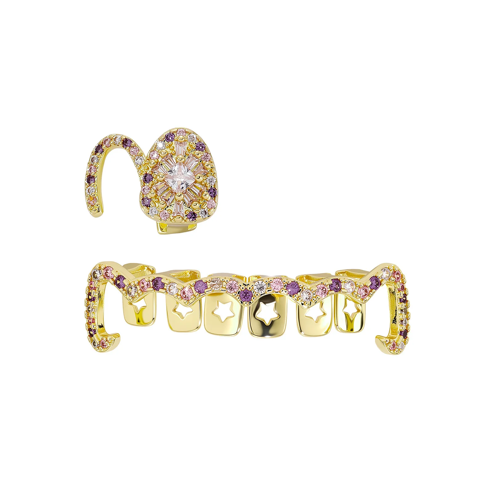 Sweet Cool Pink Zircon Brass Grillz Teeth Jewelry Hip Hop Tooth Cover Bling Mouth Accessories Y2K Streetwear Fashion Jewelry