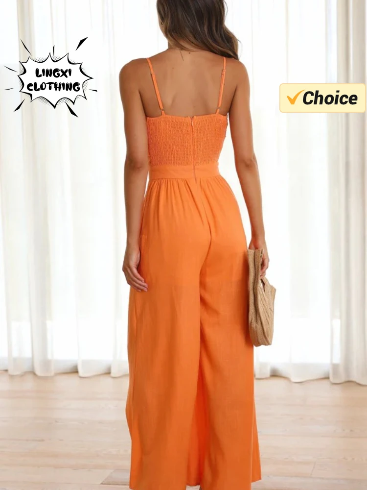 2024 Summer Fashion New Vacation Style Women\'s Jumpsuit Solid Color Temperament Slippery Strap Sexy Jumpsuit Wide Leg Pants