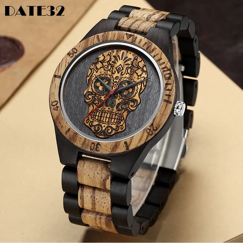 Brown Zebra Wood Watch Men Watches Wooden Strap Band Quartz Male Wristwatch Pirate Skull Engraved Men's Clock reloj de madera