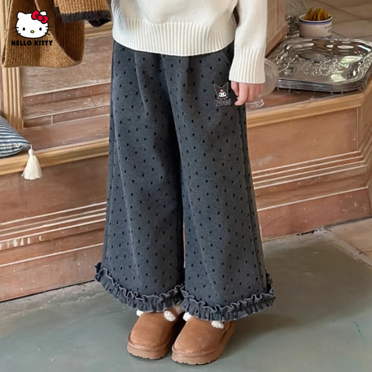 

Sanrio Girl Fashion Wide Legs Trousers Hello Kitty Autumn New Kuromi Kawaii Big Boy Cartoon Sweet Lace Loose Leisure Jeans