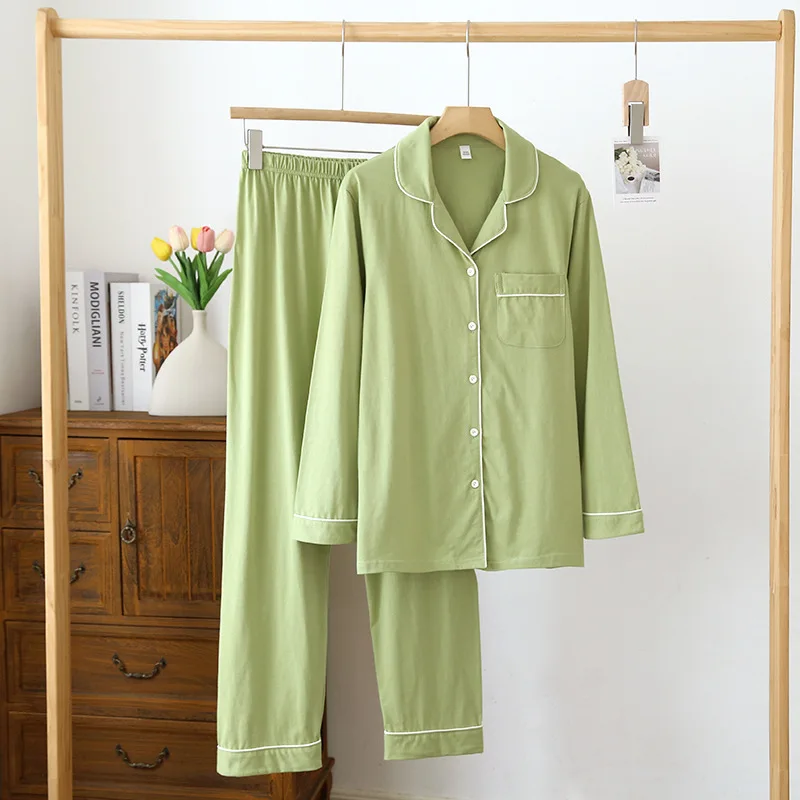 

2025 New Spring/Summer Pajama Set Women's 100% Cotton Knitted Solid Color Large Size Long Sleeve Pants Two Piece Home Suit