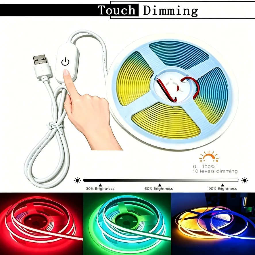 1-5M 5V USB LED Cabinet Light 320LEDs/M LED COB Strip Light Touch Sensor Dimmable Flexible Tape for DIY Backlight Decor Lighting