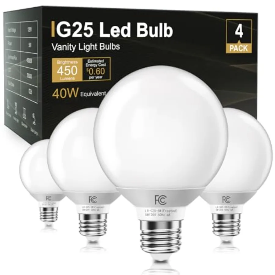 G25 LED Globe Light Bulbs, Vanity Light Bulb for Bathroom 40W Equivalent, White E26 Base, Round Decorative Bulb for Vanity Make