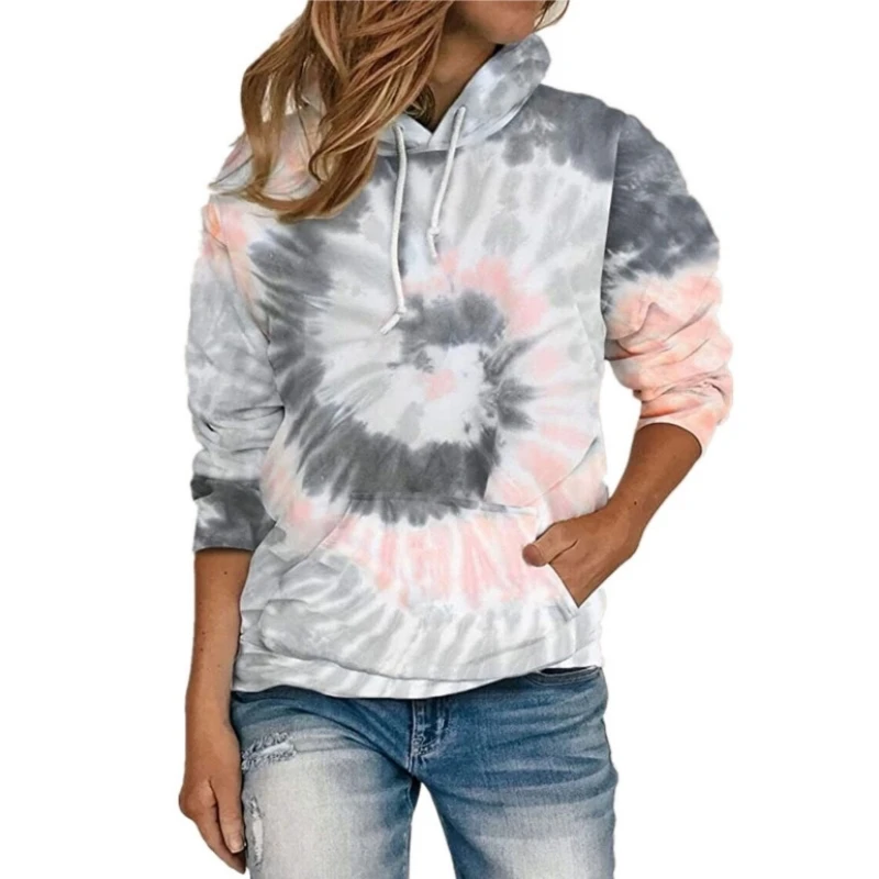 Women Vintage Tie-die Print Hoodies Fashion Casual Zip Up Long Sleeve Loose Jacket Coats Hooded Sweatshirts Y2k Streetwear