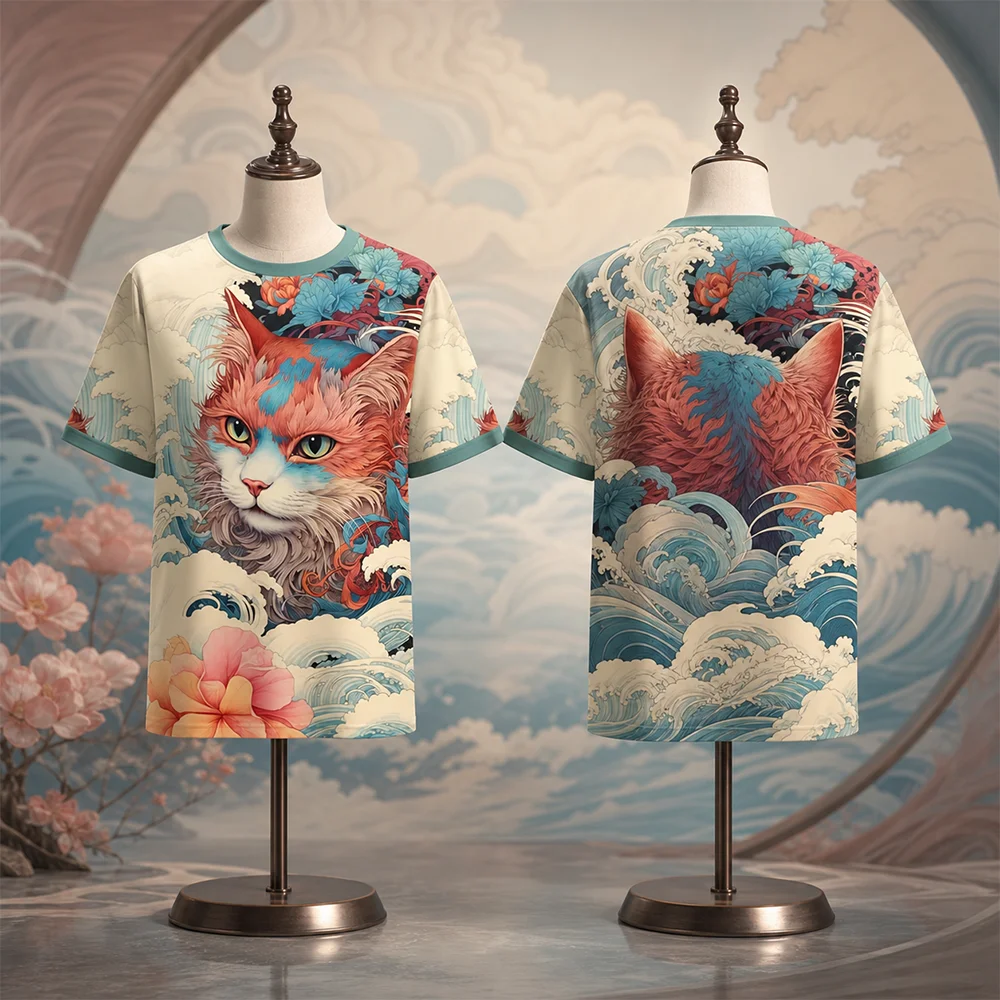Unisex Japanese Anime Samurai Cat T-shirt Quick Dry Breathable 3D Print Harajuku Y2K Streetwear Casual Kawaii Parent-Child Top