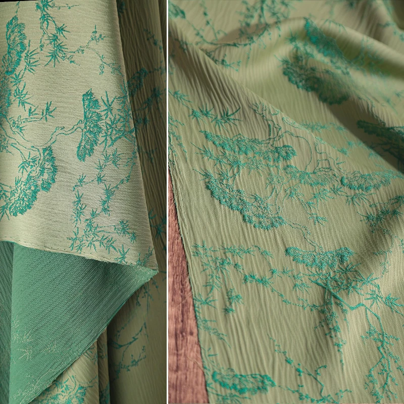 

Jacquard Fabric Vintage Turquoise Tree Embroidery Chinese Textured Cheongsam Dress Material DIY Designer Soft Luxury Textile
