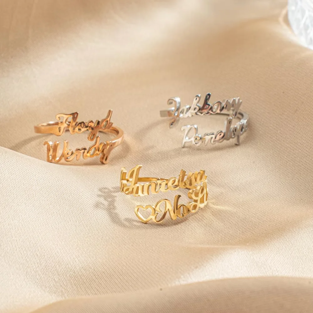 Custom Couple Double Name Rings Personalized Men Fashion Adjustable Ring Stainless Steel Jewelry for Women Valentine's Day Gifts