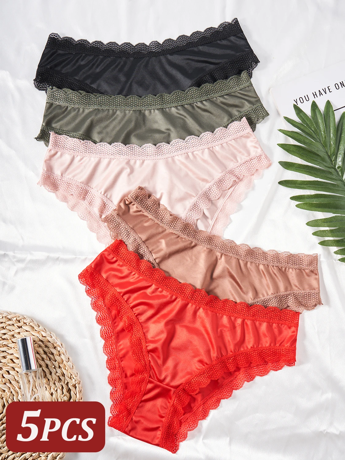 5PCS Women's Underwear Solid Color Seamless Satin Panties Simple Lace Trimmed Briefs Comfortable Female Lingerie Everyday