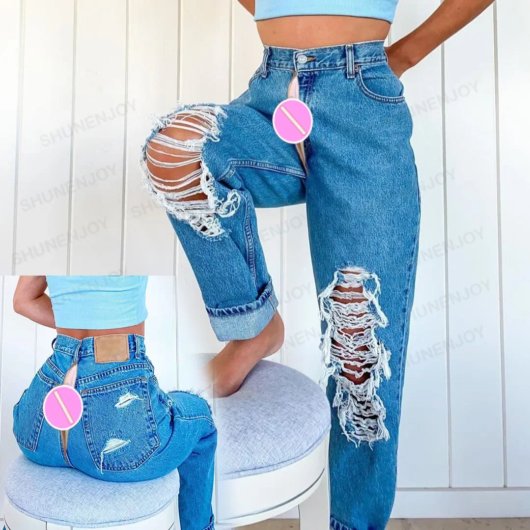 Summer Ripped Jeans Women's Invisible Open Crotch Pants Vintage Exotic Hotpants Wide Leg Denim Trousers Outdoor Sex Streetwear