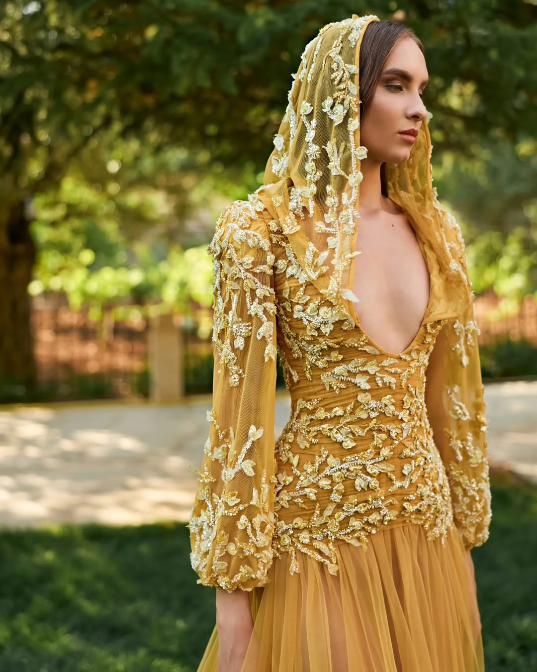 Żółta tiulowa suknia balowa wieczorowa z koronkowymi aplikacjami na koktajl, studniówkę, formalne okazje, suknia ślubna z długim rękawem.