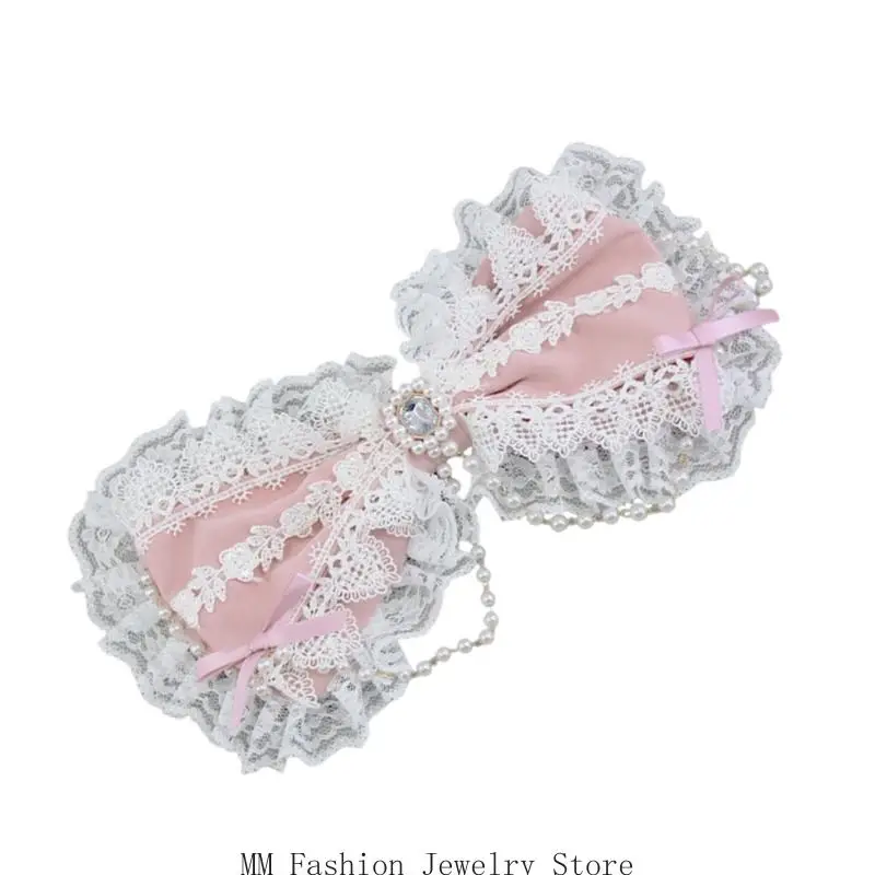 D0UB إكسسوار شعر تنكري مصنوع يدويًا بمشبك على شكل أنمي مع دانتيل ولؤلؤ مقلد للزي اليومي بتصميم ناعم #5