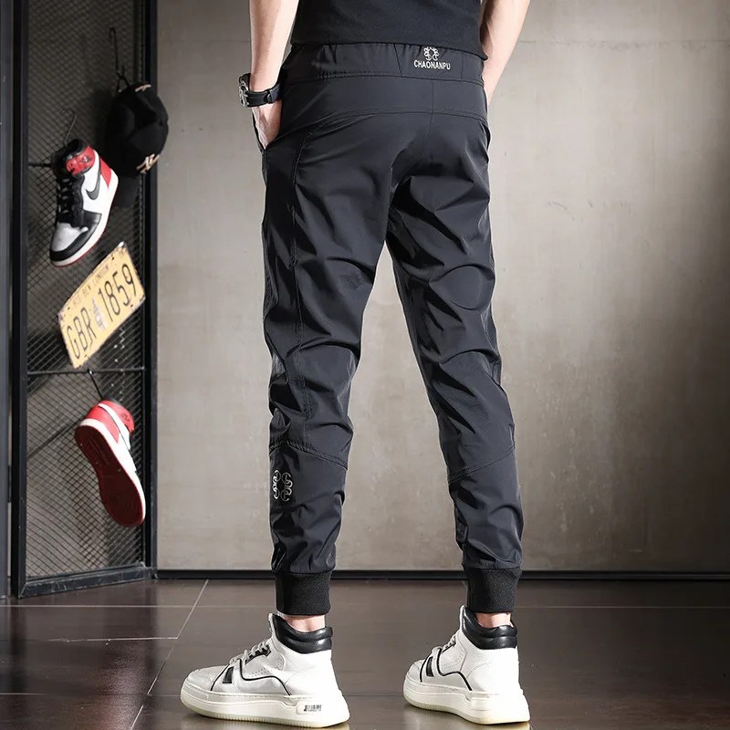 남성용 여름 아이스 실크 캐주얼 바지, 슬림핏, 신축성, 통기성, 발목 묶음, 스트리트 속건 스포츠 바지