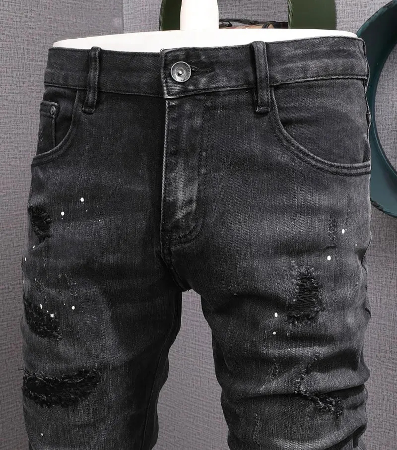 Street Fashion Men Jeans Retro Black Gray Stretch Slim Fit Ripped Jeans Men Elastic Vintage Designer Hip Hop Denim Pants Hombre