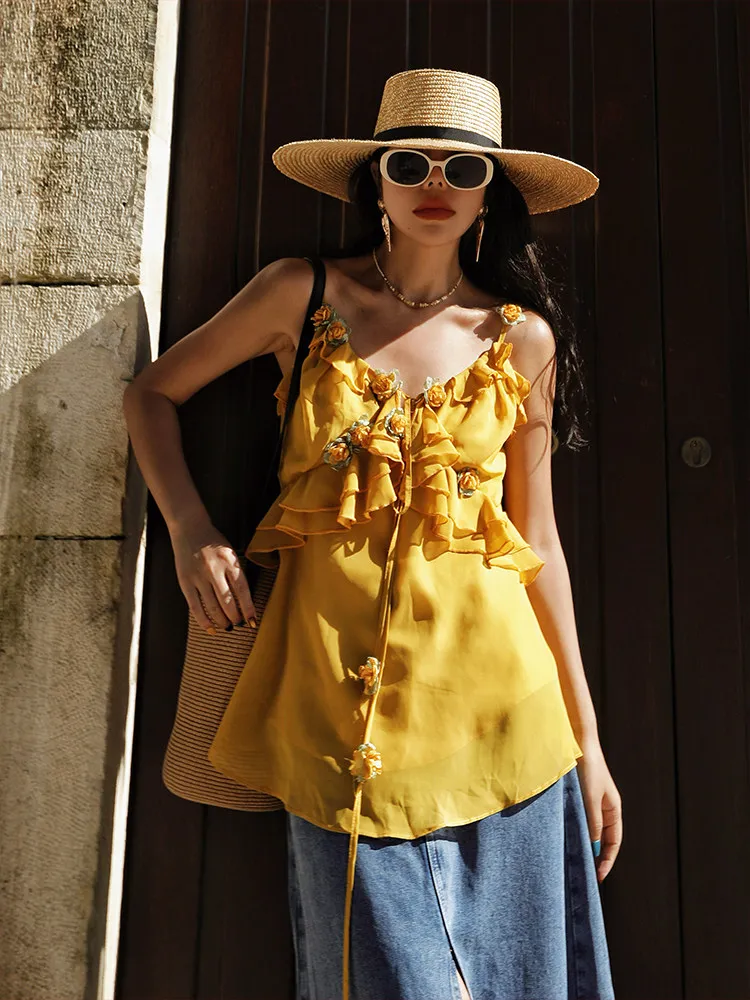 

86-94cmBust Summer Blouses Tops Women French Vacation Style Elegant Handmade 3D Florals Ruffle Sexy V-Neck Camisole Chiffon Tops
