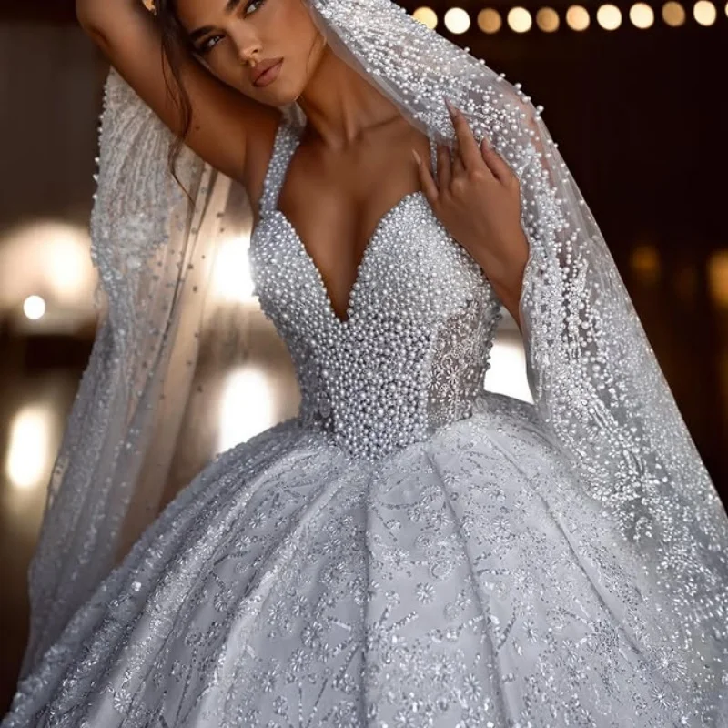 

customized Shiny white Off Shoulder Short Sleeves Sweetheart pearl Ball Gown Wedding Dress With Beading Bridal Gowns