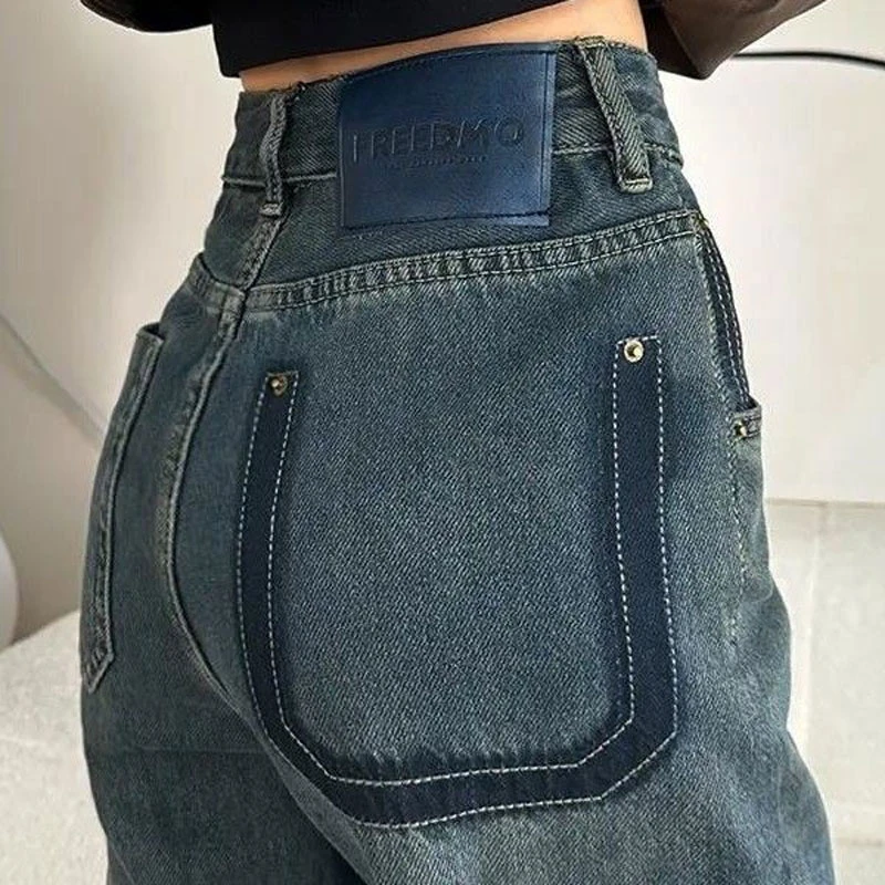 Jeans retrô colorido de pernas largas para mulheres, calças de cintura alta, largas e retas, jardas grandes, calças compridas, outono e inverno