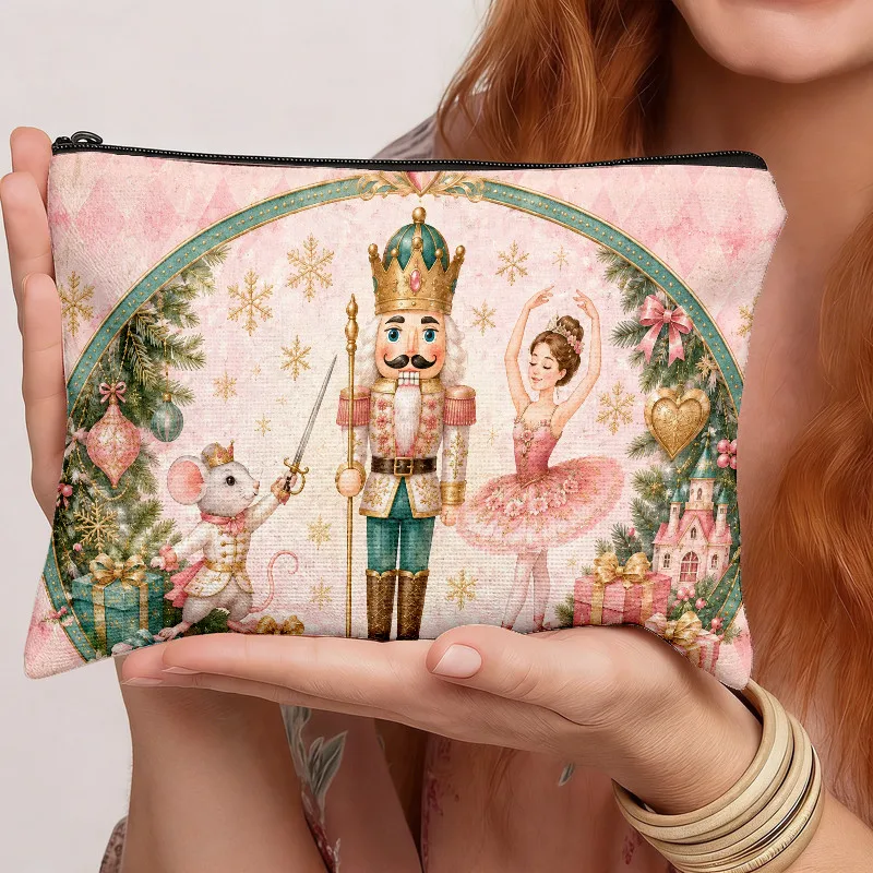 Christmas Nutcracker Ballet Print Makeup Bag Mouse King Ballerina Cosmetic Pouch Holiday Travel Zipper Storage Pouch Xmas Gift