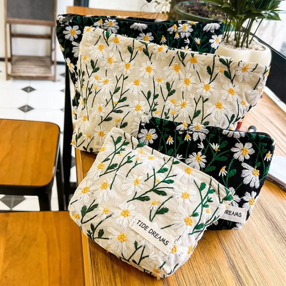 Casual Floral Daisy Makeup Bag Canvas Korean Style Embroidered Cosmetic Bag Large Capacity Handbag Jacquard Storage Bag Travel