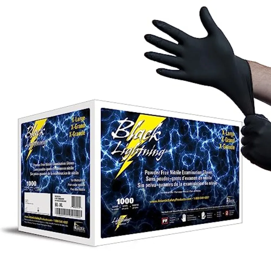 Black Lightning Nitrile Gloves 6 Mil, Disposable Powder-Free Exam Work Gloves, Heavy Duty Chemical Resistant, Food Safe, Medica