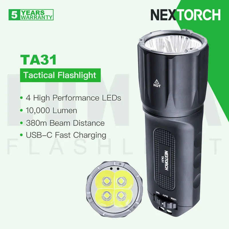 NEXTORCH TA31 Rechargeable Ultra Bright Tactical Flashlight / Searchlight, 4 High Performance LED 10,000 Lumen, for Self Defense