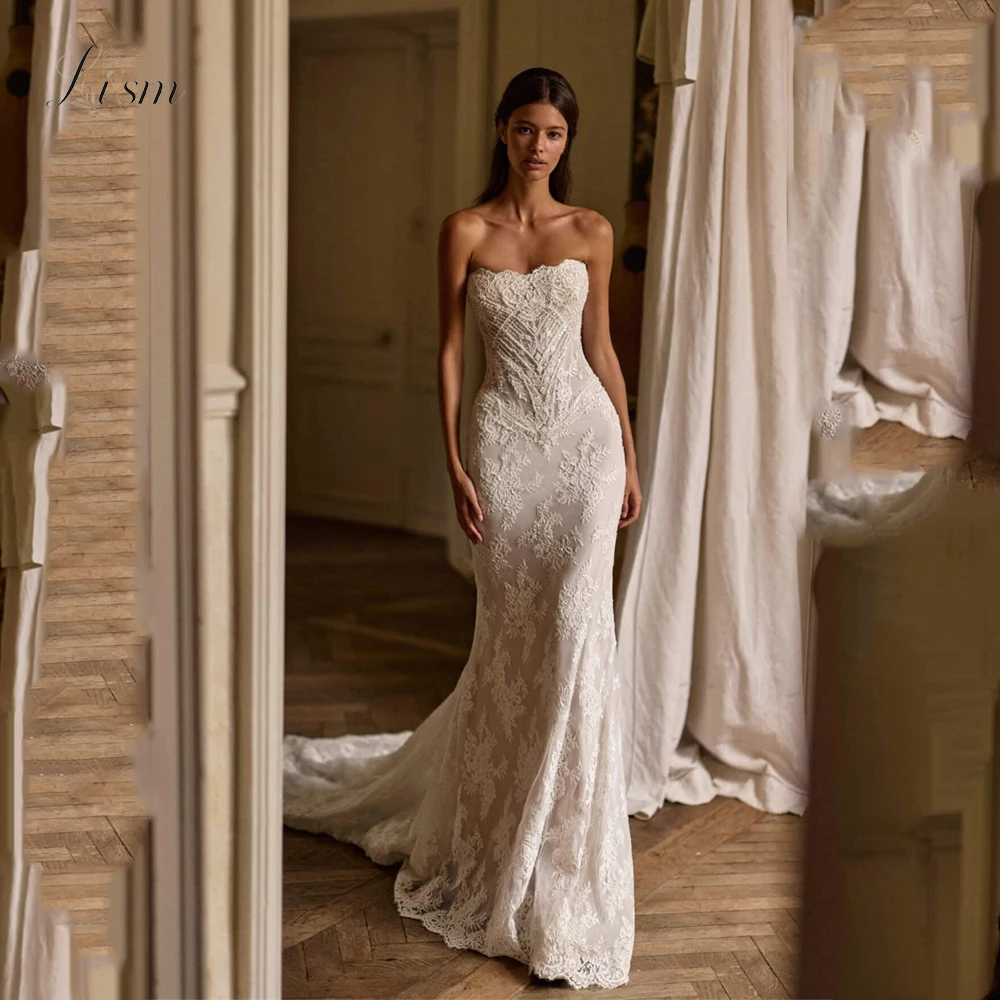 Luv Elegant Mermaid Wedding Dresses Sexy Sweetheart Shining Applicants Lace Backless Sweep Train Bridal Gowns 2027 Customized