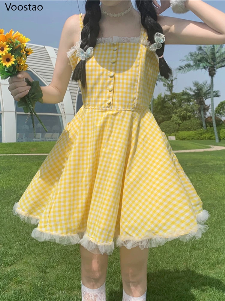 Japanese Sweet Cute Lolita Strap Dress Summer Women Kawaii Lace Yellow Plaid Mini Dresses Girly Harajuku Chic Holiday Vestidos