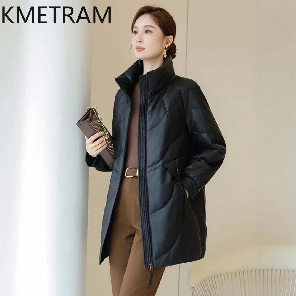 KMETRAM 100% Real Sheepskin Goose Down Jackets Women Stand Collar Mid-Length Coat Warm Winter Puffer Jacket 2026 Woman Clothing