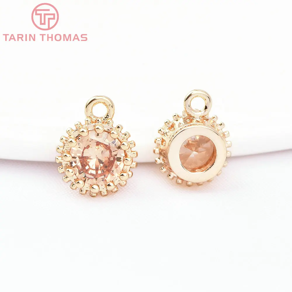 (898) 6PCS 7MM 24K Gold Color Brass with Zircon Round Charms Pendants High Quality DIY Jewelry Making Findings Wholesales