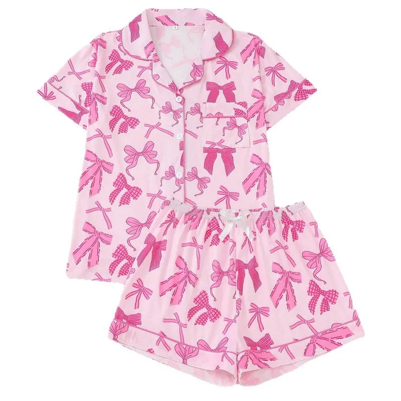 Pink Bowknot Print Button Down Short Sleeve Pajama Top And Matching Shorts Sleepwear Set For Women