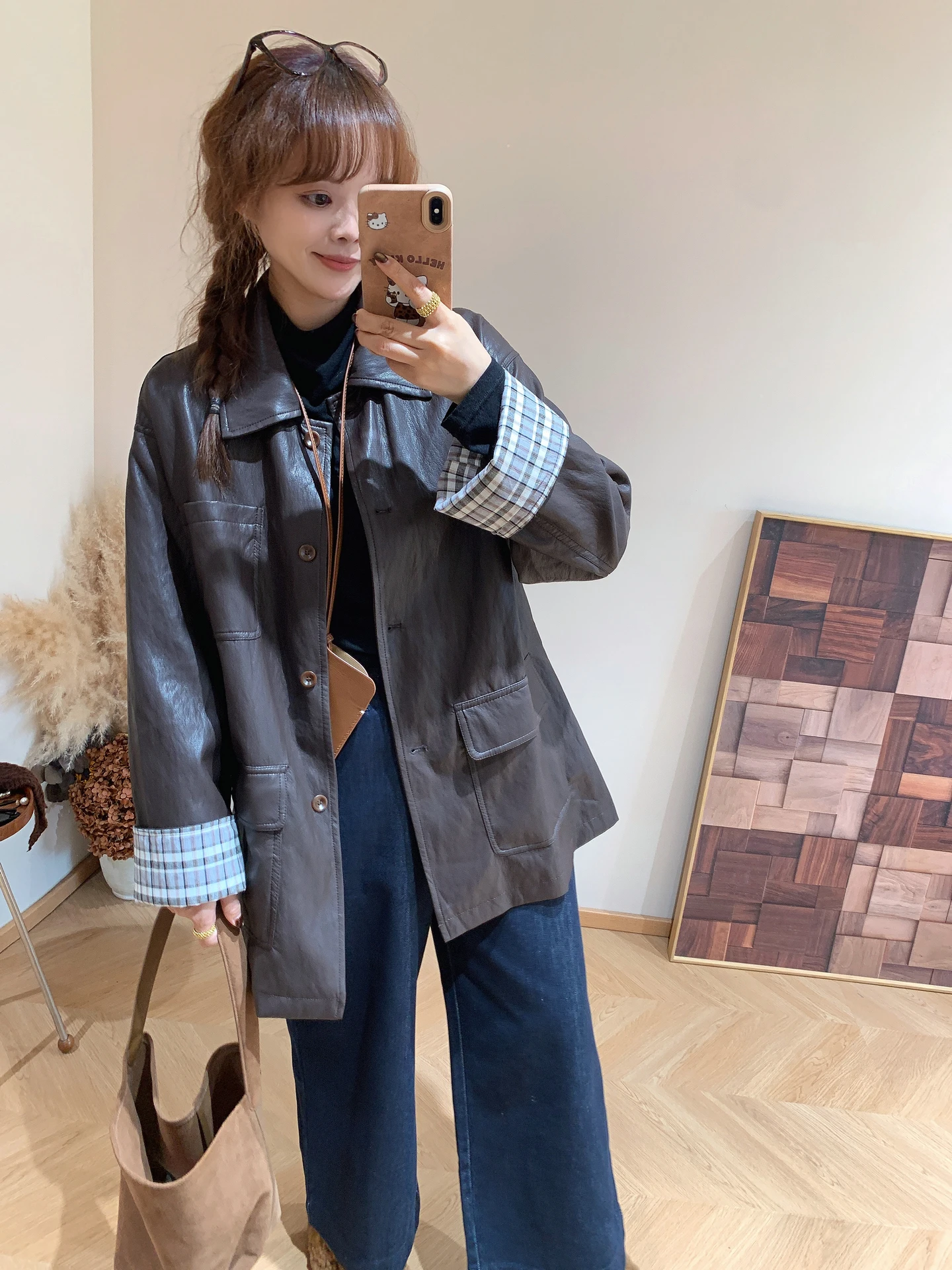 Cappotto Lungo da Donna in Pelle PU con Motivo a Quadri Retrò Coreano di Alta Qualità, Nuova Collezione Autunno Inverno