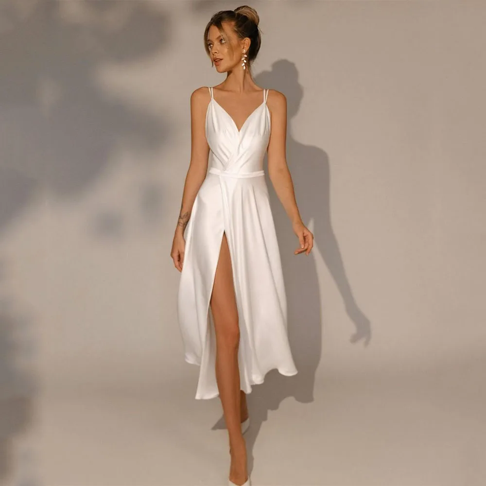 

White Bridal Dress 2023 High Quality Satin V Neck Short Wedding Gown A Line Spaghetti Straps Backless Sexy Robe for Party