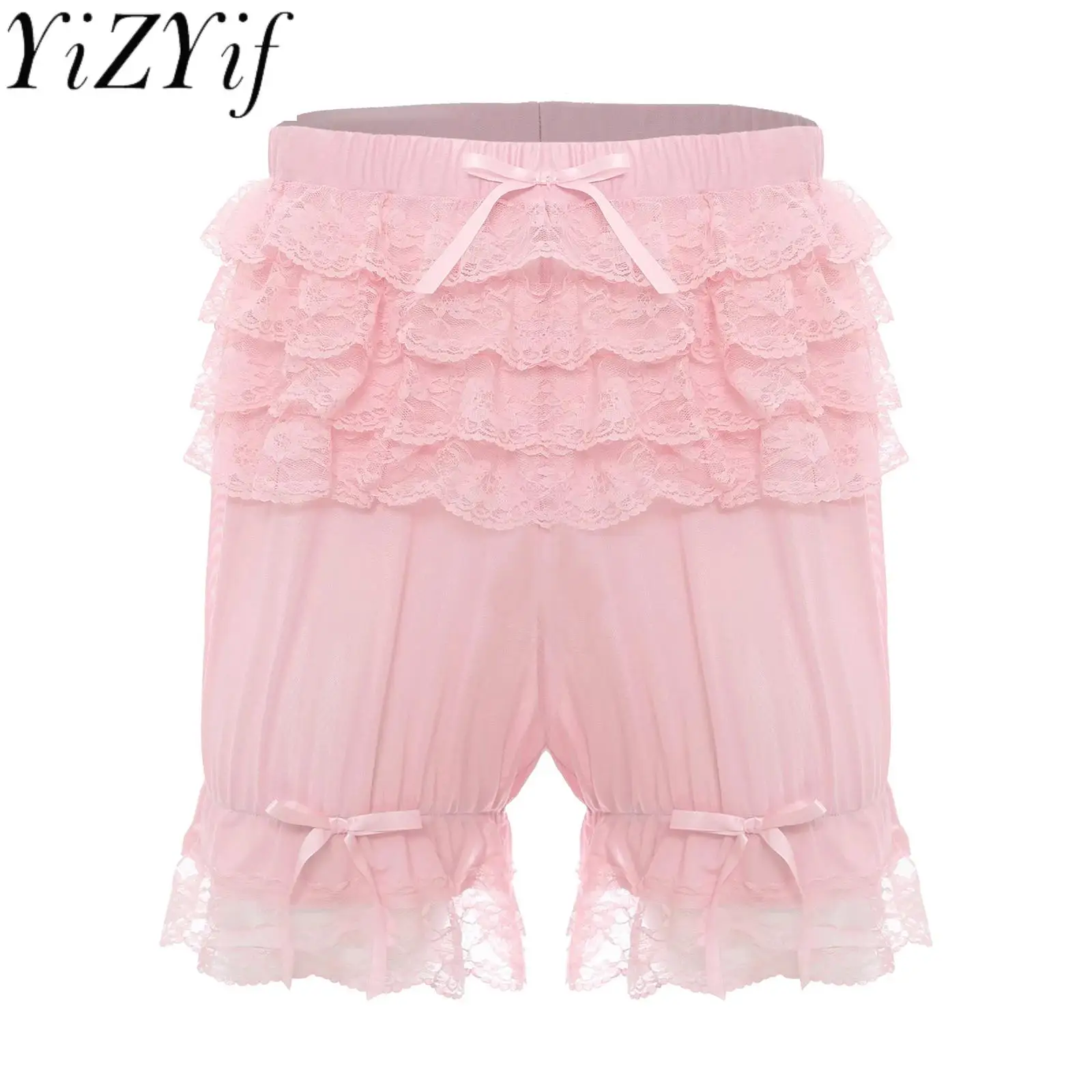 Men Sheer Lace Boxer Shorts Tiered Ruffle Bowknot Cute Sweet Underwear Transgender Frilly Bloomers for Role Play Costume