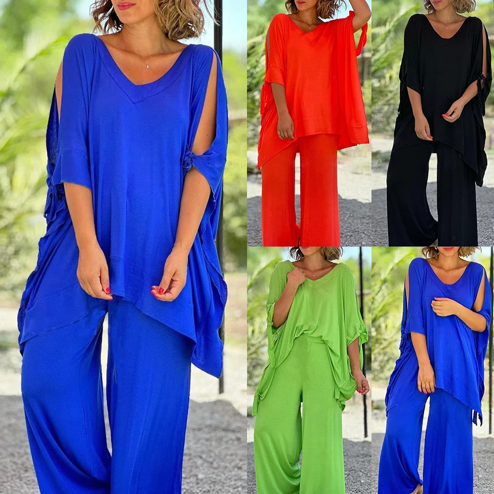 Kobiety wiosna lato pół rękaw V dekolt solidna z koronkowym Up koszule damskie Casual z szerokimi nogawkami Plus Size 2PCS strój 2024