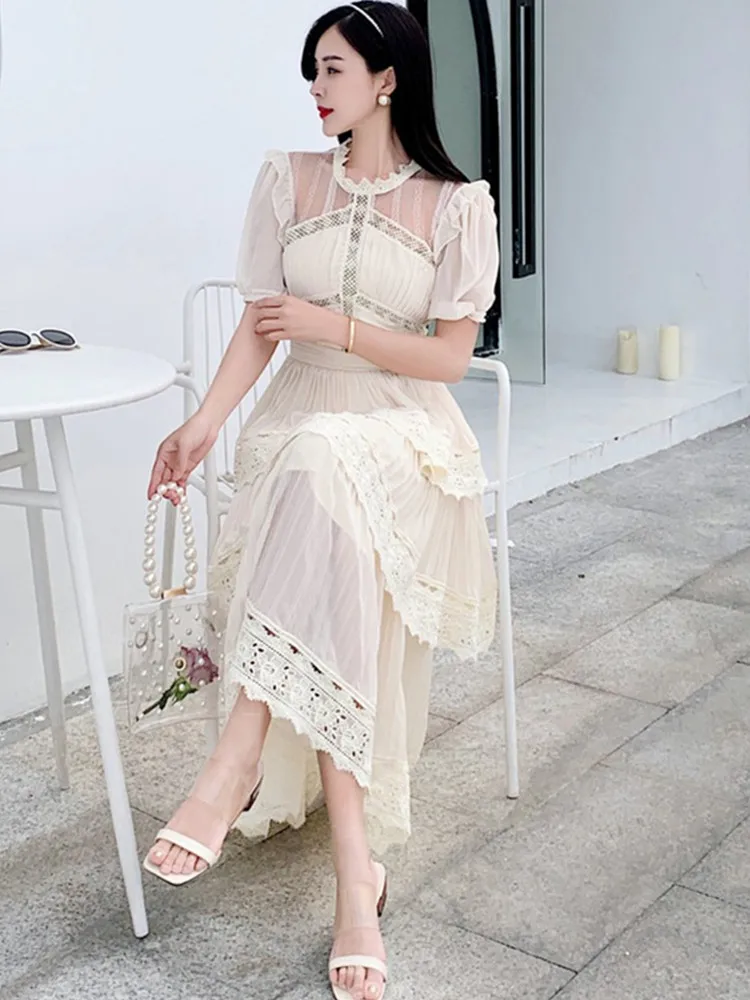 SMTHMA 2024 New Arrival Beige Lace Long Dress High Qulity Luxury Design Runway Dress Short Sleeve Ruffle Summer Dresses Vestidos