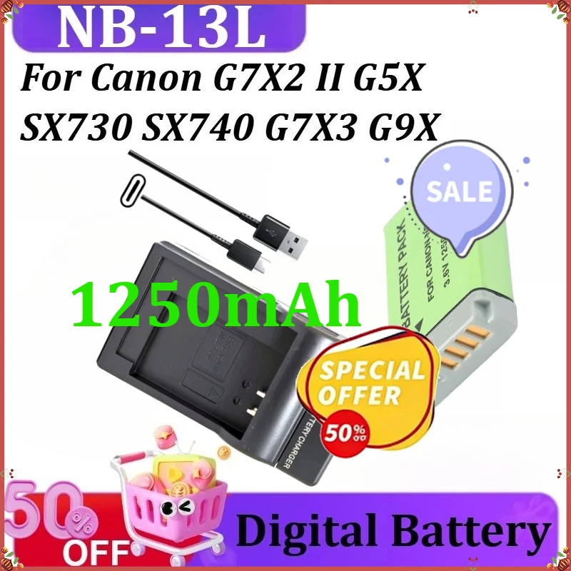 

For Canon G7X2 II G5X SX730 SX740 G7X3 G9X SX720 Digital Batteries High-Capacity Replacement 1250mAh NB-13L Battery and Charger