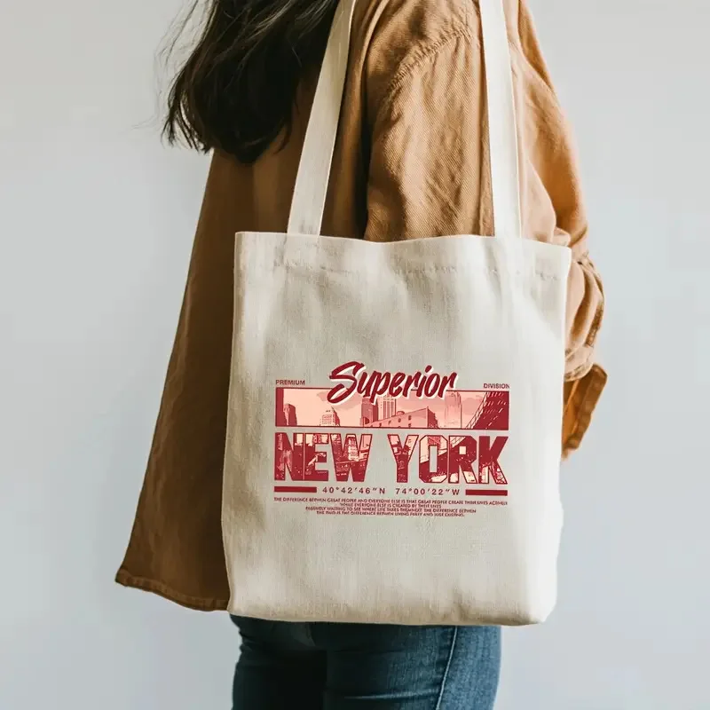 Vintage Superior New York City Skyline Canvas Tote Bag Retro Urban Print Women Daily Shoulder Handbag Purses and Handbags
