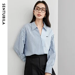 SENTUBILA Patchwork Striped Shirts & Blouses for Women Cotton Commute Loose Casual Business Workwear Long Sleeve Tops 151C58029