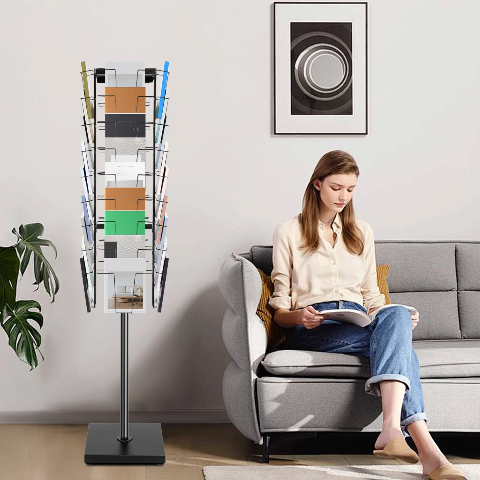 36-Pocket 360° Rotating Magazine Rack Display Stand Flyer Storage Tower Floor-standing Document Organizer