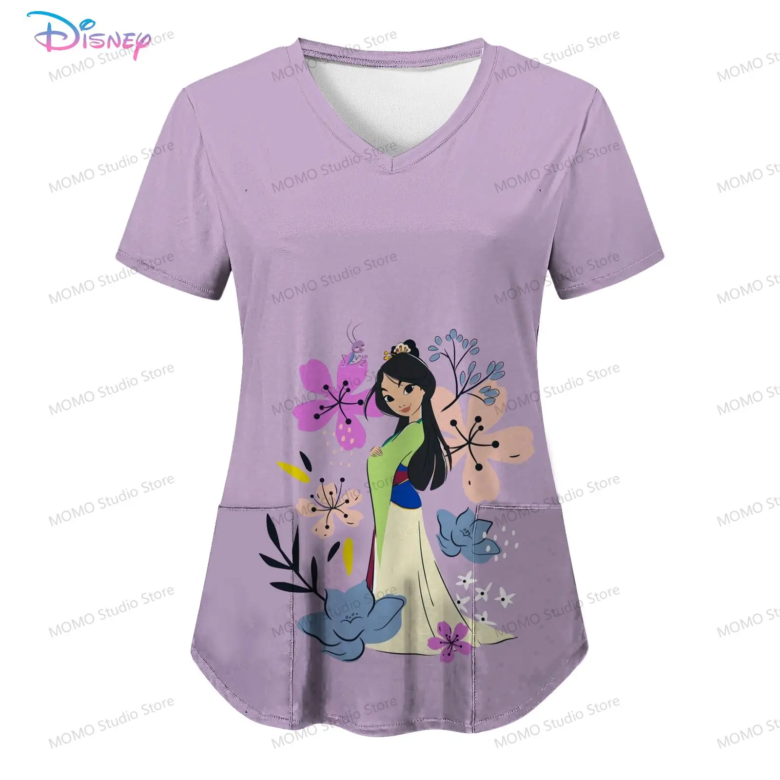 

Disney Princess Pocket Women's V Neck Nurse Uniform T-Shirt Woman Clothing Street Wear Tops S-2XL Kawaii Summer Short Sleeve Y2k