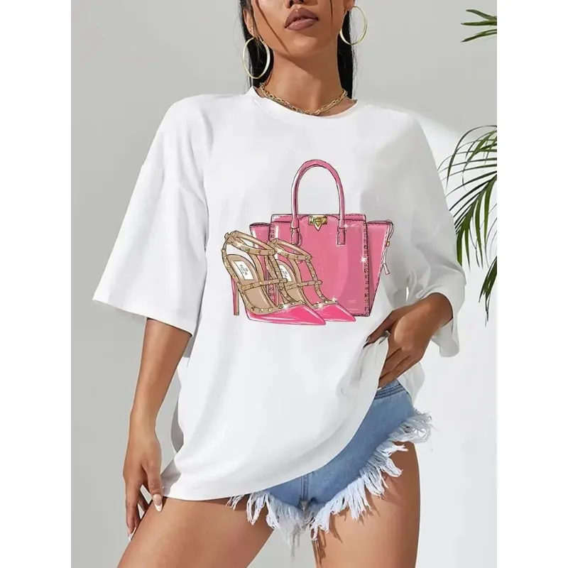 Print T-shirts Women Street Hip Hop Clothes Pink High Heels Lady's Bag Summer Breathable Short Sleeve Summer Soft Tee Top Female