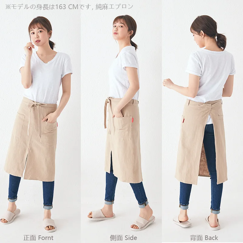 Women's Pure Linen Long Half Apron Japanese Style Fashion for Cafe Baking Floral Art Work Clothes Half Bodice Kitchen Gown