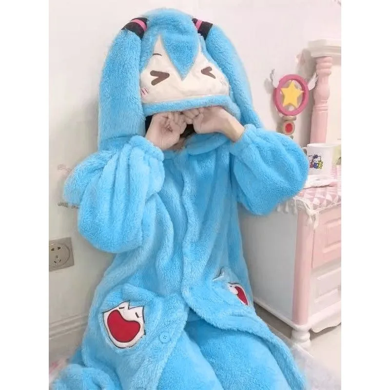 Hatsune Miku cartoon thickened nightgown creative personality coral velvet pajamas couple home clothes set kawaii cloak blanket