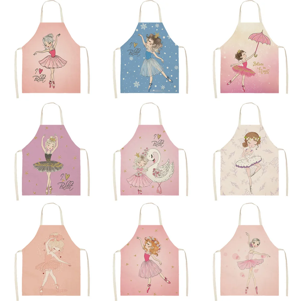 Cute Pink Girl Cotton Linen Sleeveless Apron Printed Kitchen Aprons Women Home Cooking Baking Waist Bib Pinafore 55x68cm