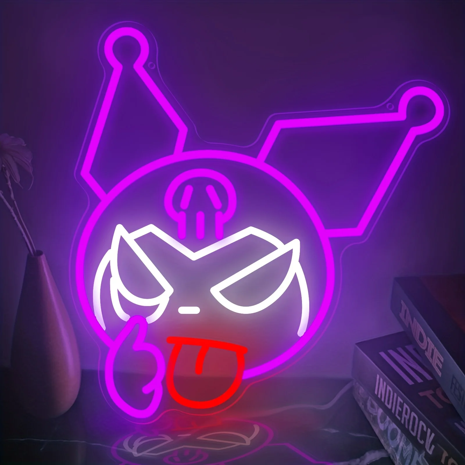

Светодиодная неоновая вывеска Kuromi с забавным лицом, фиолетовая, для спальни, детской комнаты, игровой комнаты, милый ночник, подарок, настенное освещение