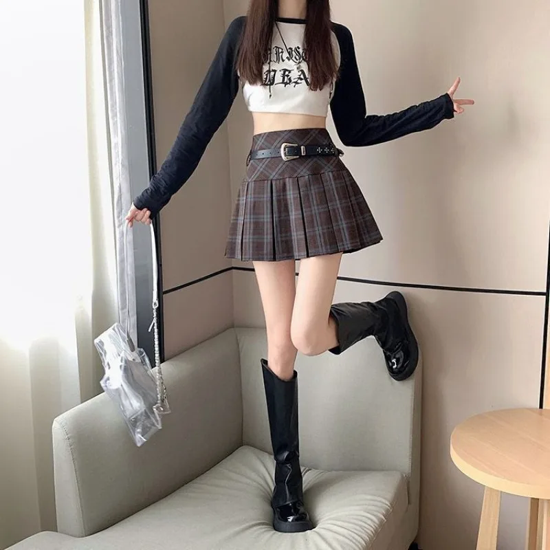 チェック柄スカート レディース 秋デザイン ベルト付き プリーツスカート プリント柄 多用途 エレガント ハイウエスト Aラインスカート