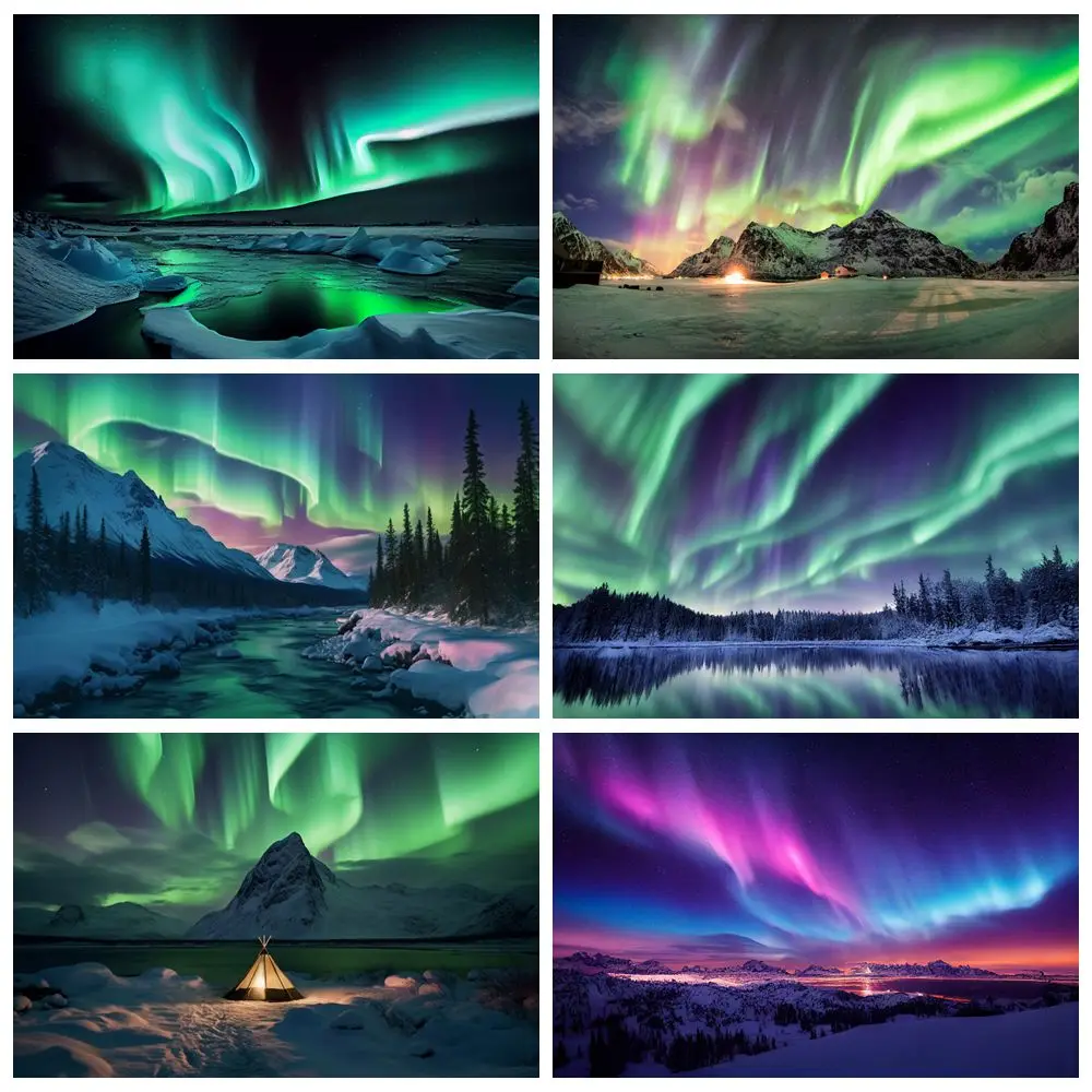 Aurora Borealis Landscape Backdrop Starry Sky  Night Snowy Mountains Forest Sea Lake Photography Background Decor Photo Studio