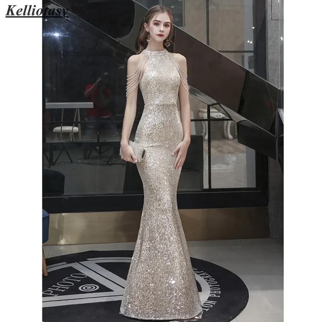 Exquisite Sequined Bridal Party Dresses Mermaid Style Halter Beadings Luxury Women Party Bridesmaid Dresses For Wedding 2025