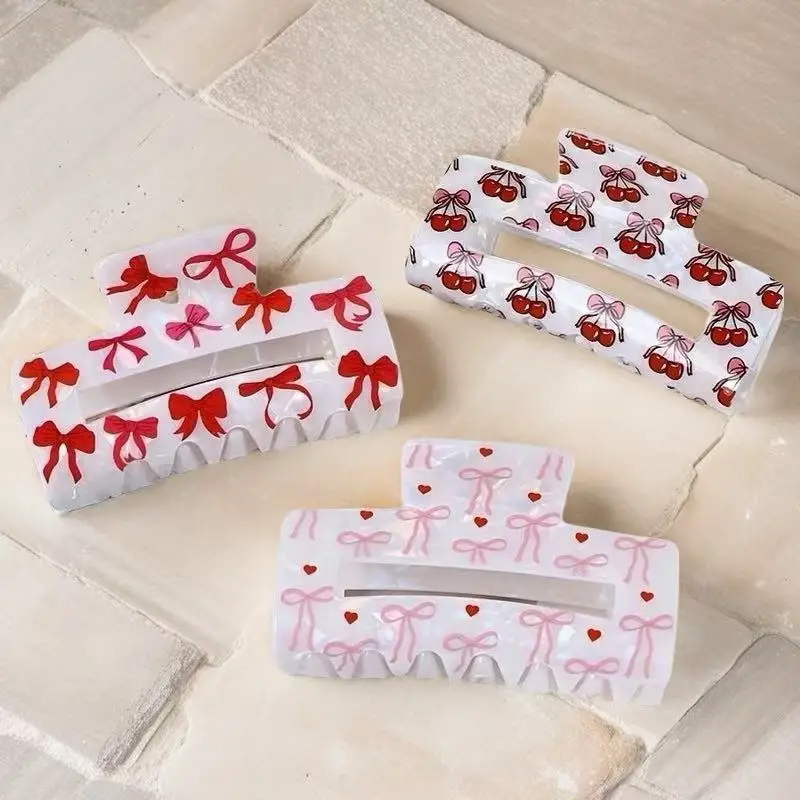 

Sweet Red Bowknot Cherry Heart Printed Acrylic Hair Claw Clip For Women New Chic No Slip Ponytail Shark Hairpin Hair Accessories