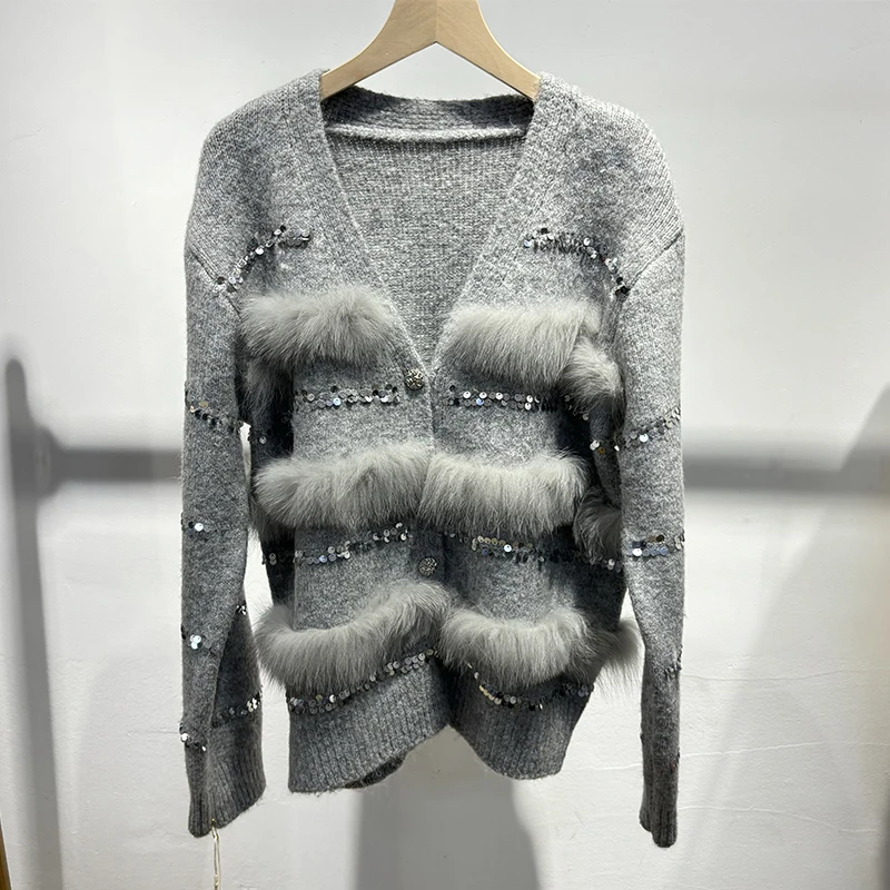 2025 otoño mujer lentejuelas brillantes suéter de piel de zorro Real piel Real primavera diseño especial chaqueta de punto