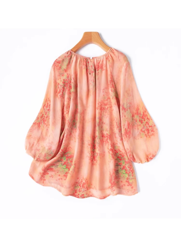 SuyaDream، بلوزات نسائية مزهرة، 100% حرير حقيقي، رقبة دائرية، أكمام فانوس، بلوزة صيف 2025، برتقالي #6